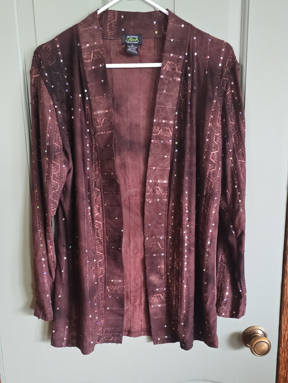 Sequin-Trim Open-Front Cardigan in Deep Brown